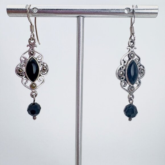 Sterling Silver 925 Black Onyx Scroll Flower Dangle Earrings Size 1.5" Length - Picture 1 of 9